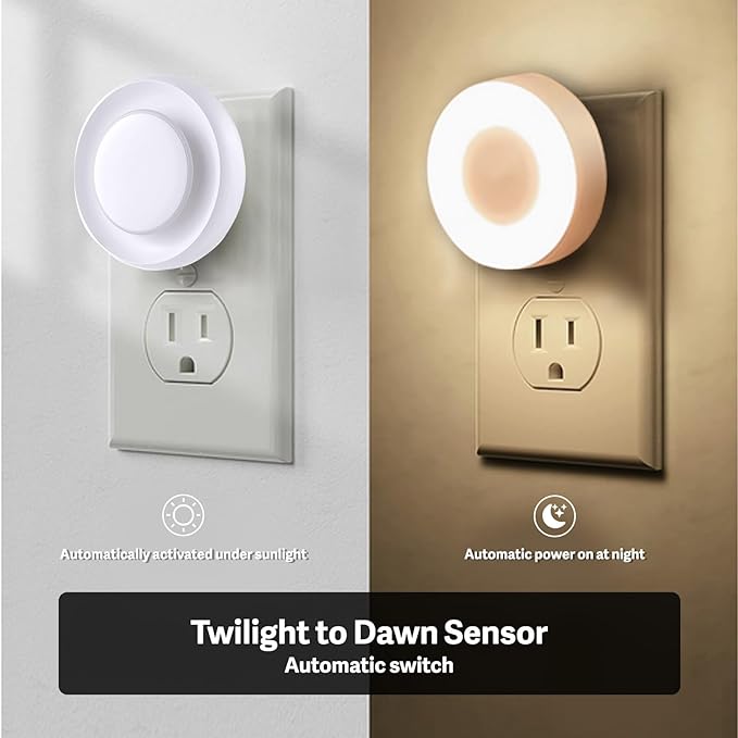 VAVOFO LED Night Light with Auto Sensor, 4 Pack, 2900-3200K Warm White, Plug-in Wall Night Lamp, Soft Glow, Energy Efficient, Ideal for Bedroom, Hallway, Nursery, and Bathroom（White）