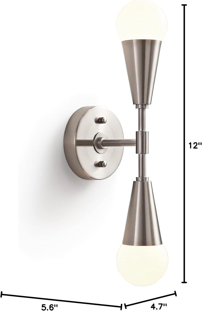 BRIGHTTIA Vicky 2 Light Cone Socket Wall Sconce - Mid Century Modern Fixture for Wall & Ceiling - Minimalist Edison Lamp for Hallway and Bathroom Vanity - Brushed Nickel (BW0027-2N)