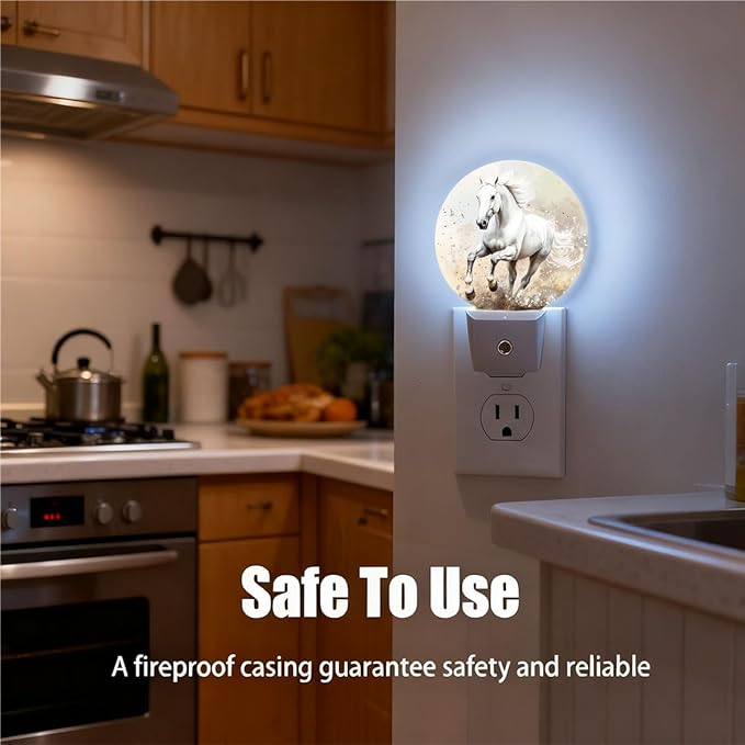 Plug-in Galloping White Horse Night Light Running Horse Night Lights Plug into Wall with Auto on/Off Sensor, 0.5W LED Nightlight for Bedroom Bathroom Kitchen Hallway