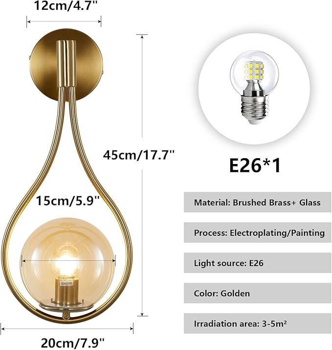 KCO Lighting Glass Globe Wall Mounted Sconce Gold Teardrop Wall Sconce Vintage Cordless Sconces Wall Lighting for Stairwell Bathroom Bedroom (Gold + Amber)