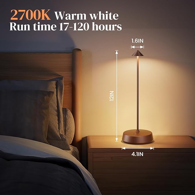 Cordless Table Lamp Rechargeable, Battery Operated 6000mAh Desk Lamp Touch Dimmable Lamp Outdoor Waterproof Portable Wireless Table Light, Small Table Lamp for Restaurant Bar/Outdoor (Brown)