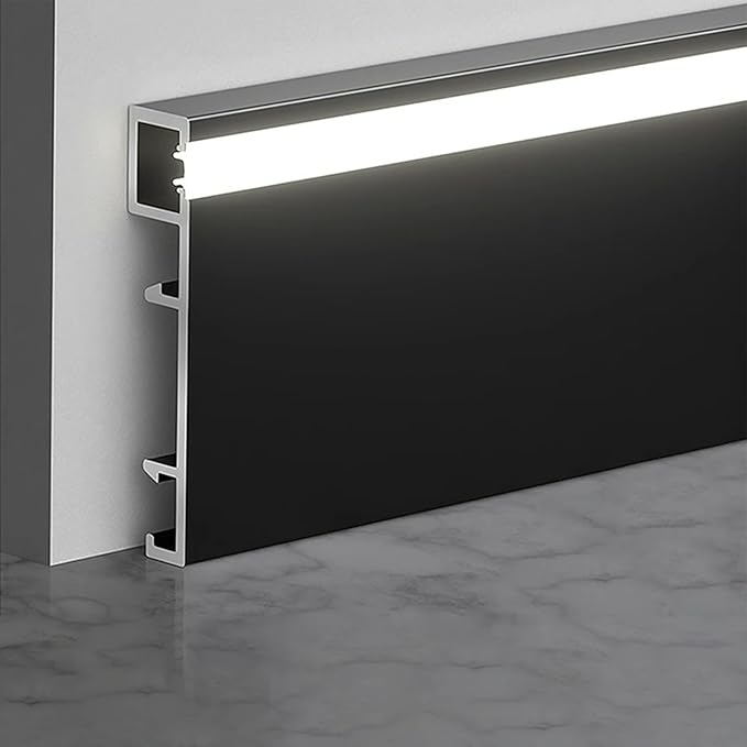 3 Pack LED Aluminum Metal Baseboard Trim 80 x 2500mm 3.15” x 8.2’ Total 24.6 ft 7.5 Meters, Matte Black LED Light Aluminum Wall Base Board Cover Molding Skirting Trim, Surface Base Mounted Side Light