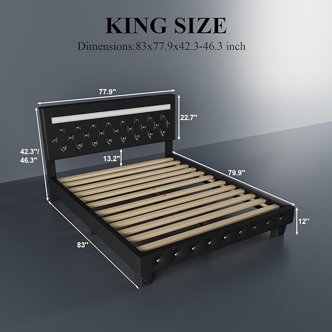 King Size Bed Frame with LED Lights, Upholstered Platform Bed Frame, Adjustable Headboard with Charging Station, Wooden Slats Support, Easy Assembly, No Box Spring Needed, Black