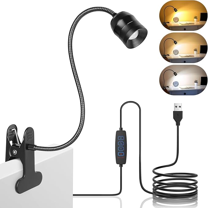 LED Reading Light for Bed - Clip on Light for Headboard/Desk/Bedroom/Dorm/Bedside Table - USB Bed Lights for Headboard - Zoomable Dimmable Clip on Lamp with 360°Flexible Gooseneck