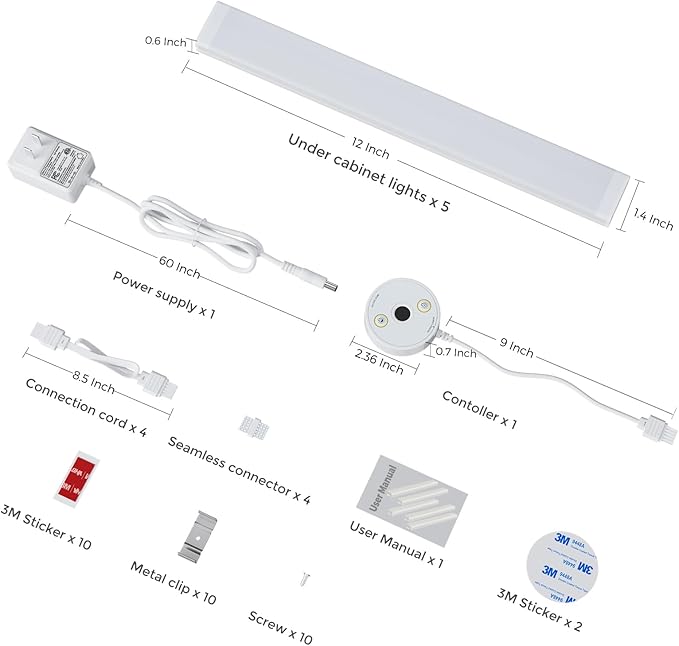 SIBI Under Cabinet LED Lights, 5 Pack 12 Inch Dimmable Warm White 3000K Under Counter Lighting for Kitchen, 1650LM
