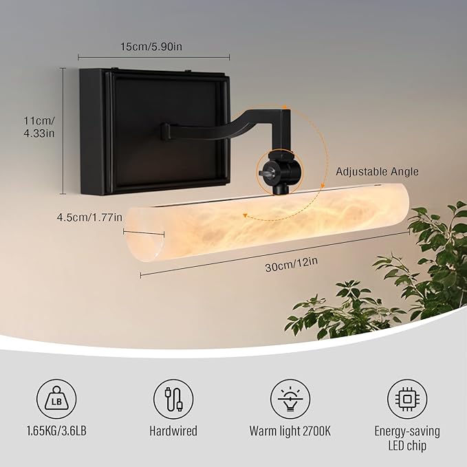 12" Alabaster Picture Light, Black Hardwired Wall Sconce Bathroom Mirror & Paintings, Adjustable Vanity Light Natural Alabaster LED Light Fixture for Hallway Bedroom Living Room