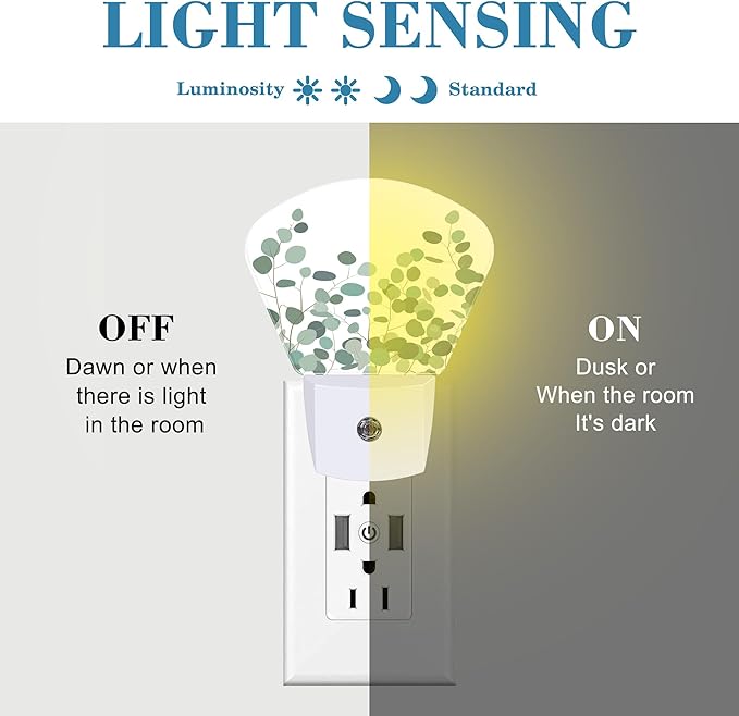 Green Eucalyptus Night Light for Kids Girls Boys, Watercolor Eucalyptus LED Night Light Plug into Wall with Dusk to Dawn Sensor for Room, Hallway, Kitchen, Bathroom, Stairs Decor