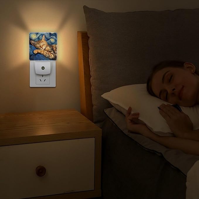 LED Night Lights Plug into Wall,Starry Night Napping Brown Tabby Cat Decorative Night Lights Plug into Wall with Auto Light Sensor for Boys Girls Bedroom Decorative Nightlight Led Lamp