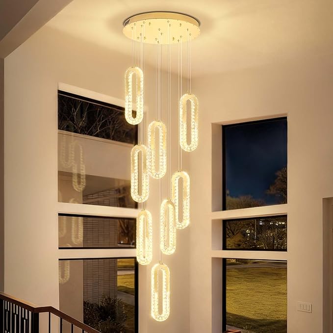Modern Led Gold Chandelier Adjustable 8 Rings Crystal Chandelier for Foyer Stairwell Crystal High Ceiling Pendant Light Dimmable 2700K-6000K