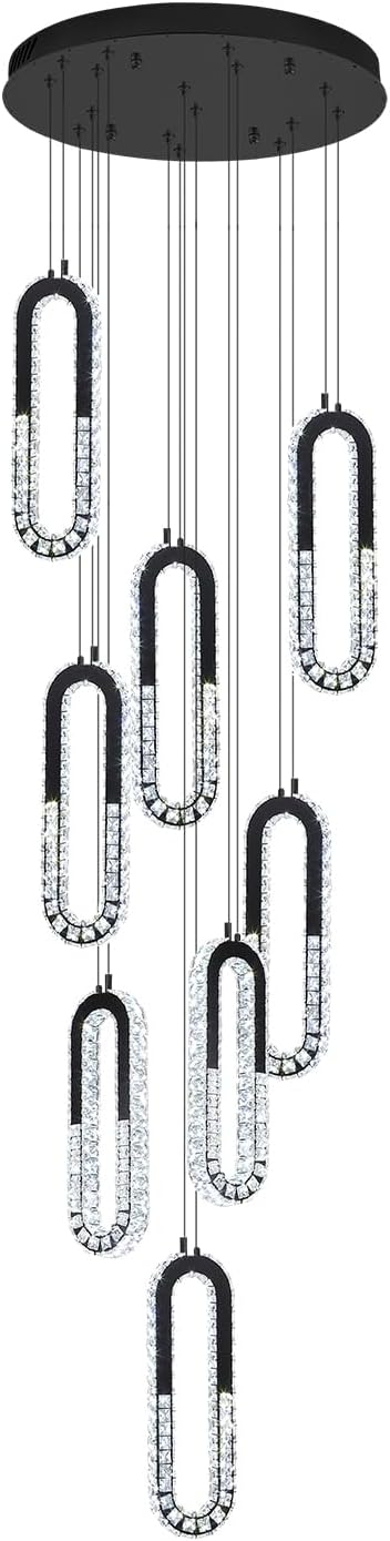 Modern Led Black Chandelier Adjustable 8 Rings Crystal Chandelier for Foyer Stairwell Crystal High Ceiling Pendant Light Dimmable 2700K-6000K