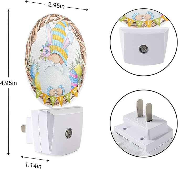 EKOBLA Cute Gnome Night Light Bunny Gnome Flowers Branch Framed Night Lights Plug into Wall Auto on/Off LED Round Lamp for Girls Boys Bedroom Decor Holiday Gifts