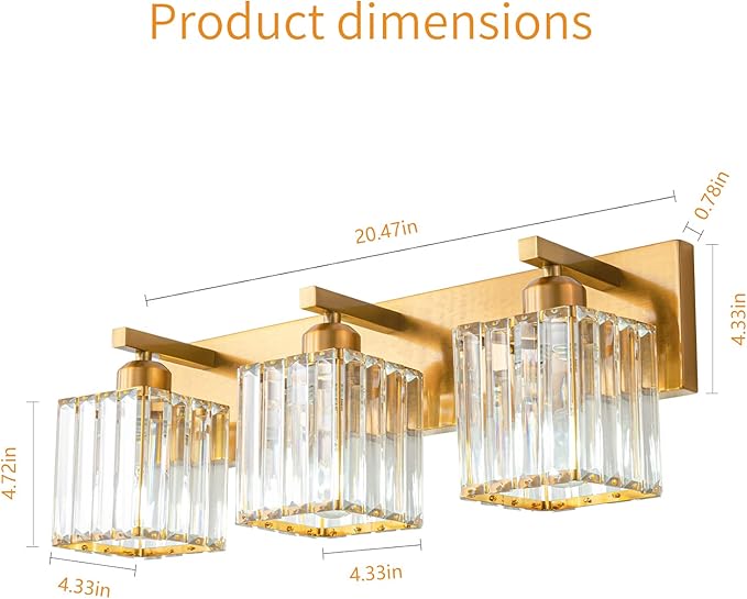 Modern Bathroom Vanity Light 3-Lights Gold Crystal Bathroom Wall Light Vanity Light Fixtures，20.47-inch Modern Minimalist Design