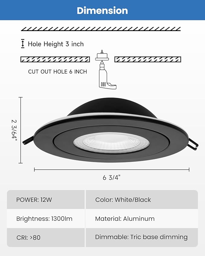 Recessed Lighting 6 inch - 12W Gimbal Light Eyeball Sloped Ceiling Recessed Spotlight 1300lm Black Trim 90° Tilt Swivel Soffit Wafer Lights 5CCT Adjustable Indoor Dimmable Black 6 inch 6 Pack