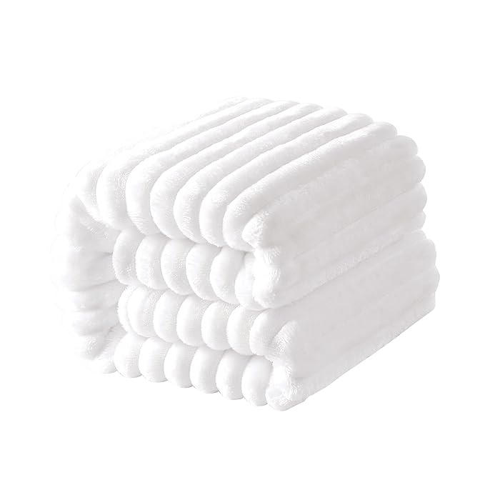 NTBAY Plush Flannel Baby Blanket, Soft and Warm Toddler Blanket with Striped Texture for Stroller, Crib, Travel, 30x40 Inches, White