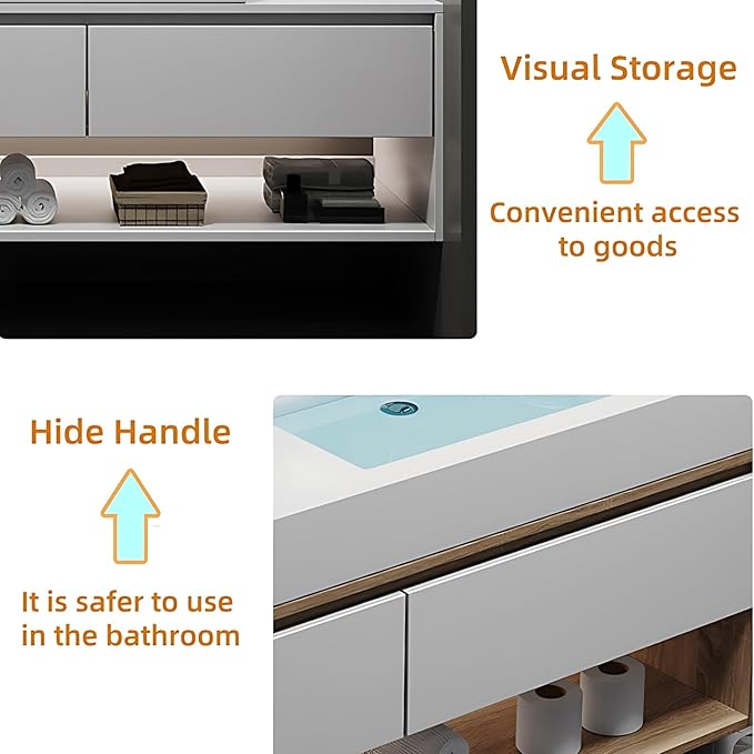 48in Luxury Bathroom Vanity with Sink - Modern Bathroom Vanity Wash Set, Suspended Bathroom Cabinet, Smart Defogging & Led Lighting | Wall-Mounted Storage with 2 Drawers