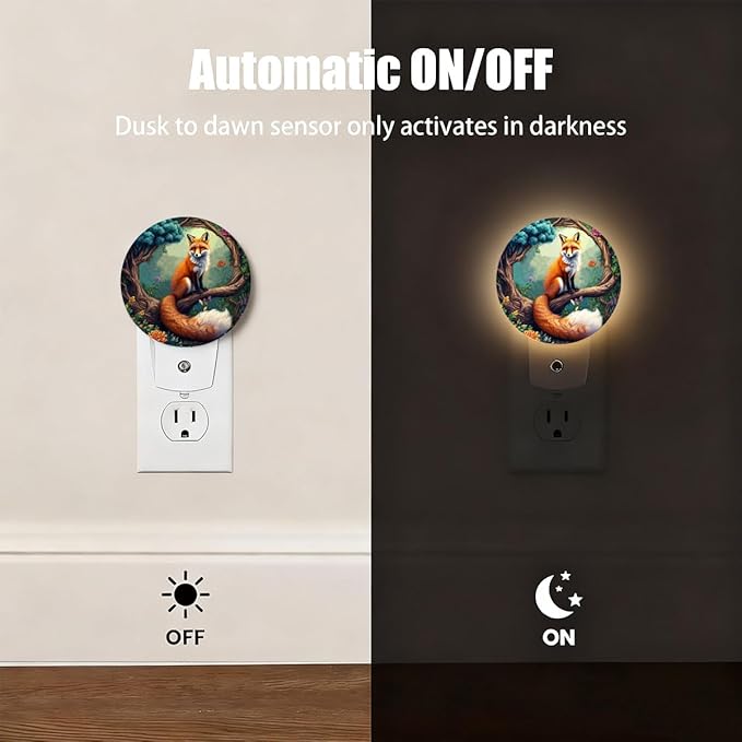 Plug-in Charming Fox Night Light Enchanted Woodland Night Lights Plug into Wall with Auto on/Off Sensor, 0.5W LED Nightlight for Bedroom Bathroom Kitchen Hallway