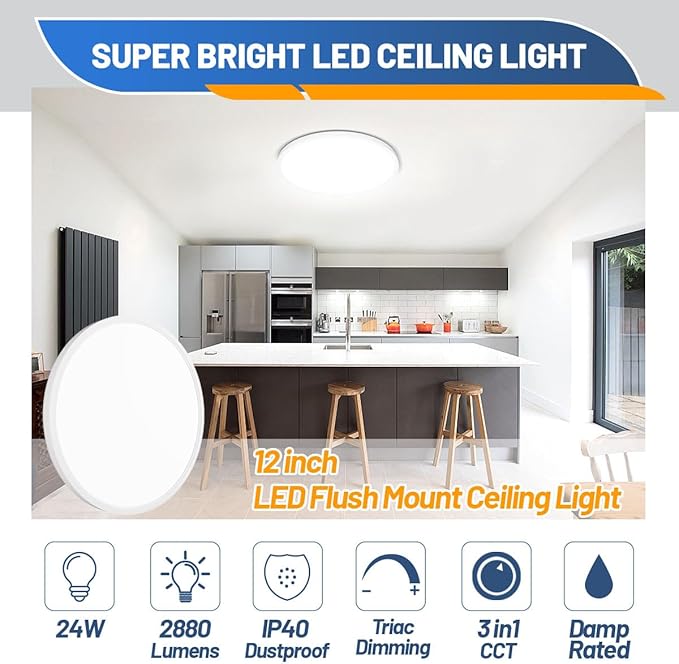 Allsmartlife LED Flush Mount Ceiling Light Fixture, 12inch 24W 2880lm CCT 3000K/4000K/6500K Thin Round Flat Panel Light Surface Mount for Kitchen, Bedroom, Laundry. Dimmable Ceiling Lamp