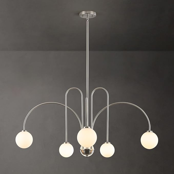 Modern Sputnik Globe Chandelier, 6-Light Nickel Linear Chandeliers for Dining Room and Kitchen Island, Mid Century Light Fixture Over Table, (Milk White Glass Bubble Shades, 40 Inch)