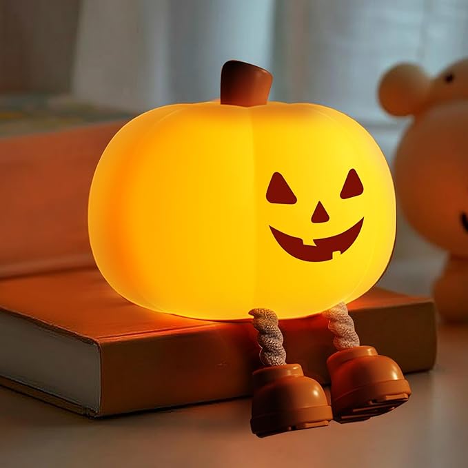 Pumpkin Night Light for Kids Cute Jack O Lantern Halloween Decor Nightlight for Baby Nursery Toddler Squishy Pumpkin Lights Cordless Rechargeable Dimmable Silicone Bedside Lamp Halloween Gifts
