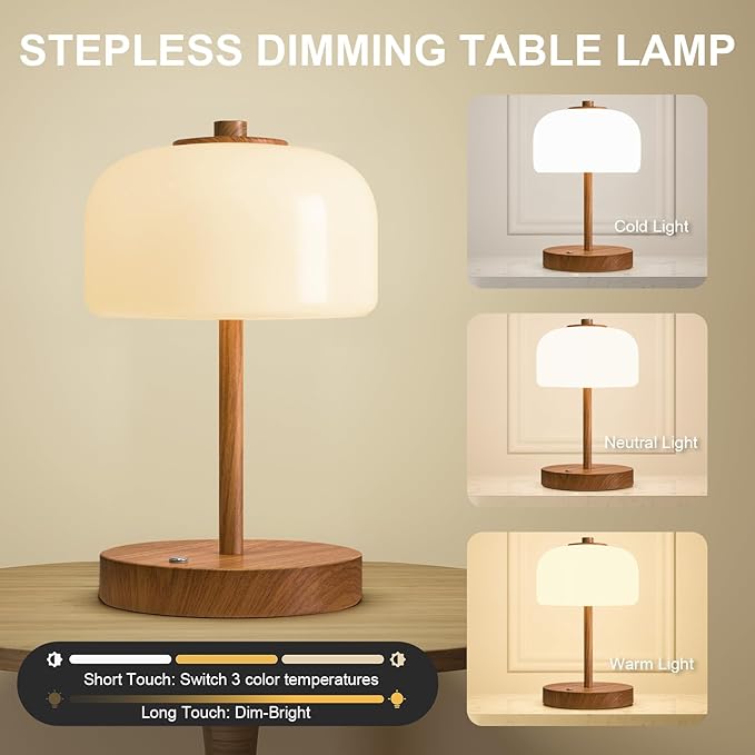 Oneach 9" Cordless Table Lamps Set of 2, Wood Grain Rechargeable Battery Operated Lamp, 3-Way Stepless Dimming Touch Lamps, Small Glass Bedside Nightstand Light for Bedroom Living Room Shelf Decor