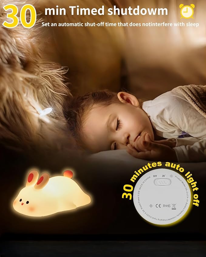 Big Face Rabbit Silicone Night Light, Squishy Bunny Lamp with Touch Control, 30-Min Timer, Rechargeable Kids Night Light for Bedroom Nursery, [Valentines Gifts]