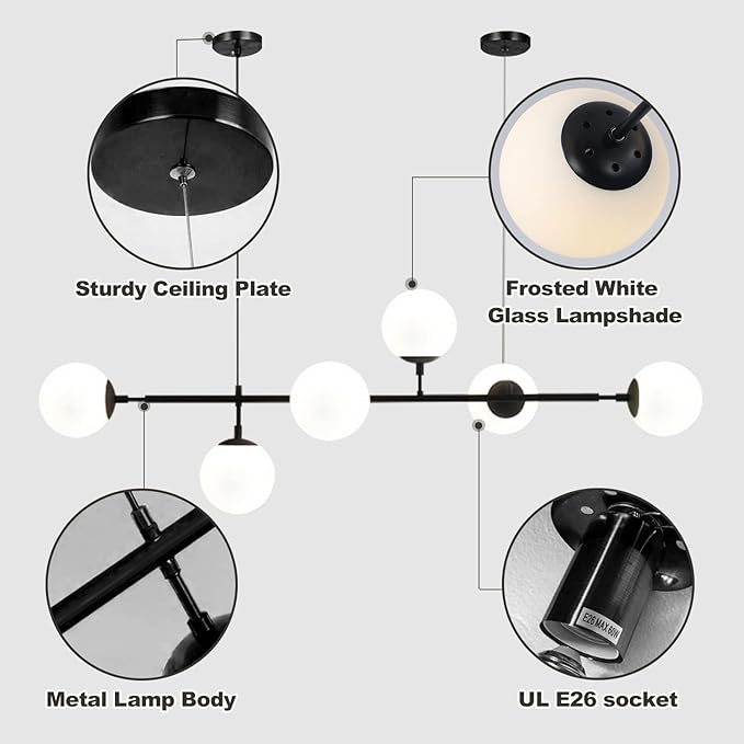 KCO Lighting Mid Century Modern Chandelier Black Linear Sputnik Pendant Light Contemporary 6-Light Glass Globe Chandelier Adjustable Kitchen Island Pendant Lighting (Black+White)