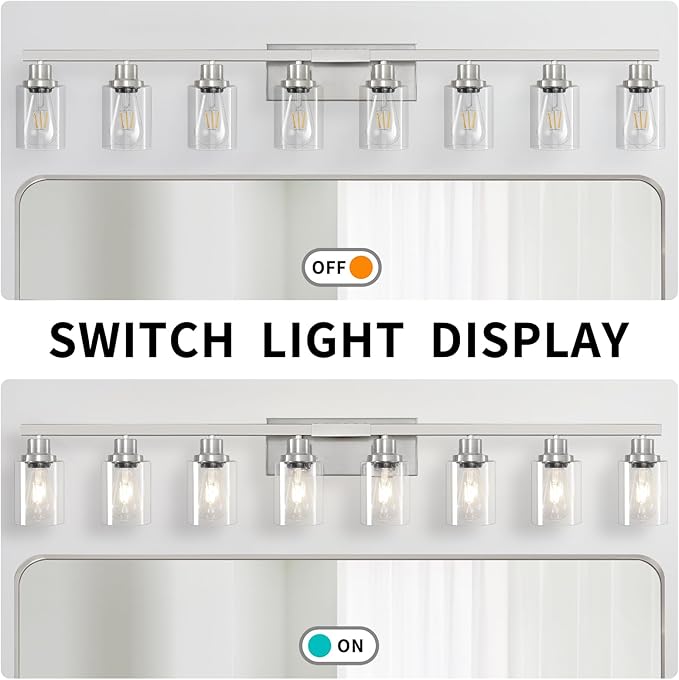 52inch Brushed Nickel Vanity Light Fixtures, 8 Light Brushed Nickel Bathroom Vanity Lights Over Mirror, Matte Nickel Modern Bathroom Wall Lighting for Mirror Bedroom,Living Room