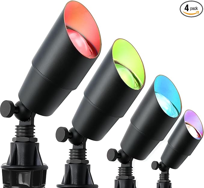 Low Voltage Landscape Lighting with 4 Spot Lights, RGB Color Changing from Warm to Cool White 5000K 12V Outdoor Landscape Lights,Waterproof Black LED Spotlights for Outdoor Garden Pathway,4 Pack