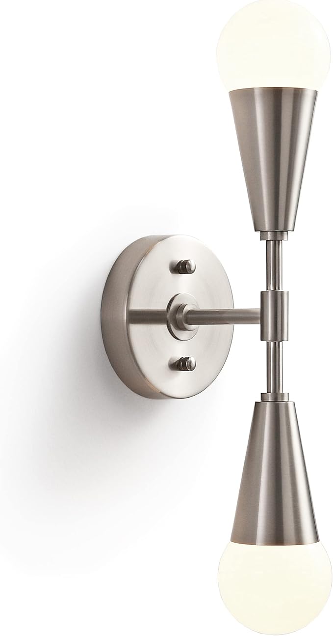 BRIGHTTIA Vicky 2 Light Cone Socket Wall Sconce - Mid Century Modern Fixture for Wall & Ceiling - Minimalist Edison Lamp for Hallway and Bathroom Vanity - Brushed Nickel (BW0027-2N)