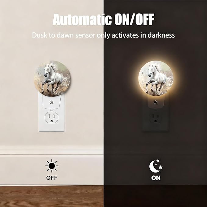 Plug-in Galloping White Horse Night Light Running Horse Night Lights Plug into Wall with Auto on/Off Sensor, 0.5W LED Nightlight for Bedroom Bathroom Kitchen Hallway