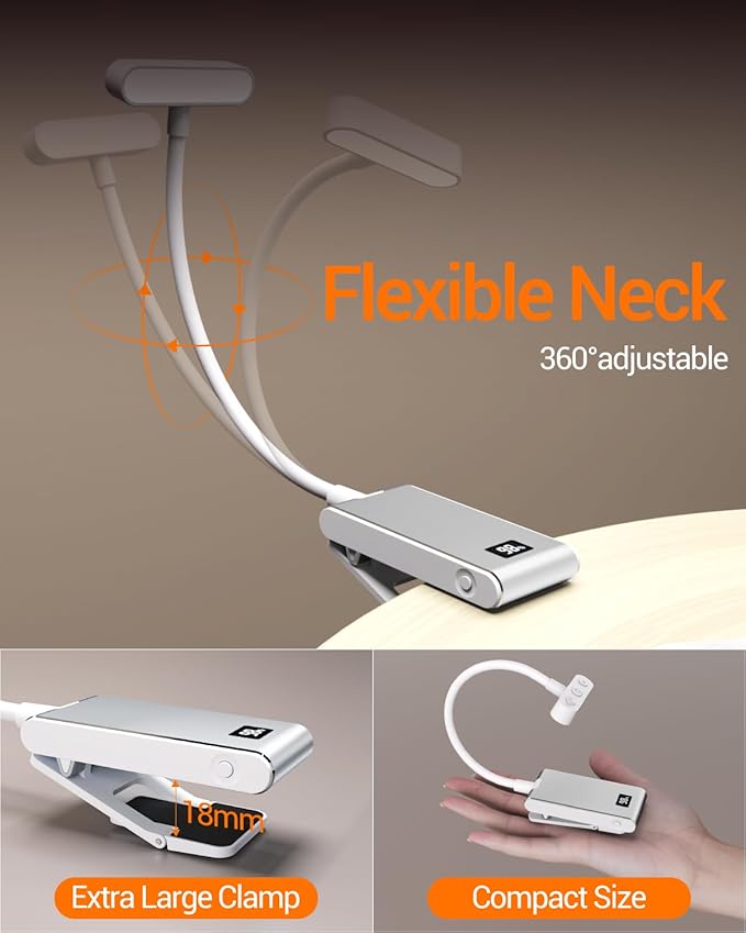 Book Loves Gifts, Rechargeable Book Light, Brightness Adjustable for Eye-Protection,LED Clip on Portable Bookmark Light for Reading in Bed, Car, Reading Light at Night in Bed with Power Display
