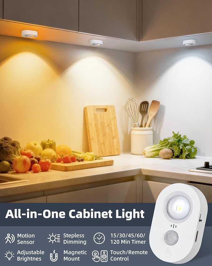 Yiliaw LED Motion Sensor Puck Lights Indoor, Small Rechargeable Under Cabinet Lighting, Dimmable Warm White Closet Lights, Stick on Wireless Night Light for Drawer, Shelf, Kitchen, White (6 Pack)