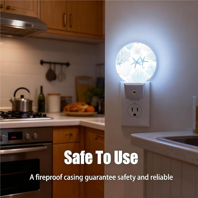 Plug-in Coastal Blue Seaside Pattern Night Light Starfish Shells and Coral Nightlight with Dusk to Dawn Sensor, Auto On/Off 0.5W Energy-Saving LED Lighting Sleep Friendly