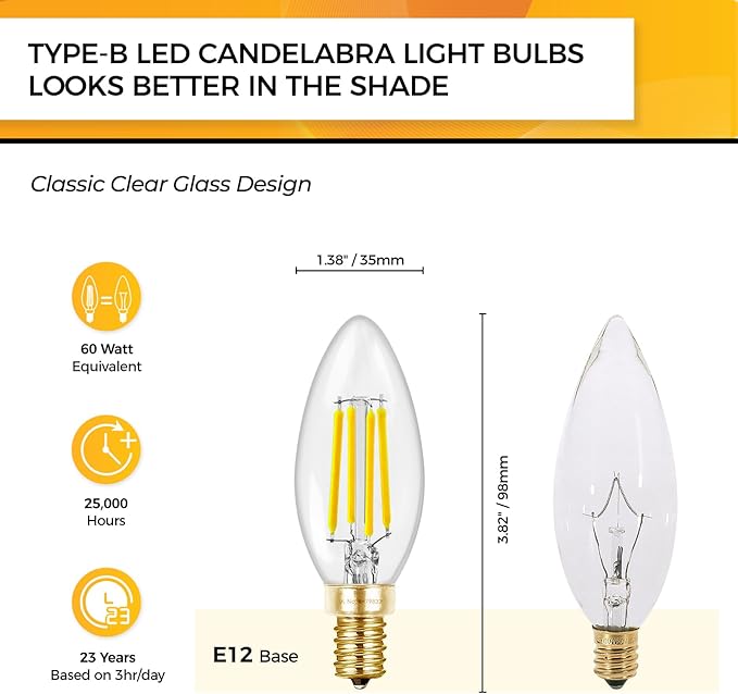 Hizashi Chandelier Light Bulbs 60 Watt 5000K Daylight, E12 Candelabra LED Light Bulb Dimmable, B11 Type B LED Candelabra Bulbs, 90+CRI, 6W, 550LM, Candle Light Bulbs, UL Listed, 12 Pack