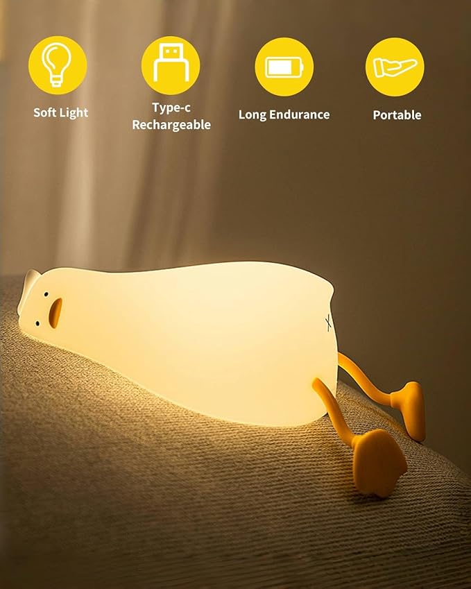 Lying Flat Duck Night Light, Squishy Duck Lamp with Tap Control, 30-Min Auto-Off Timer, Rechargeable Silicone Bedside Lamp for Kids Adults, [Valentines Gifts]