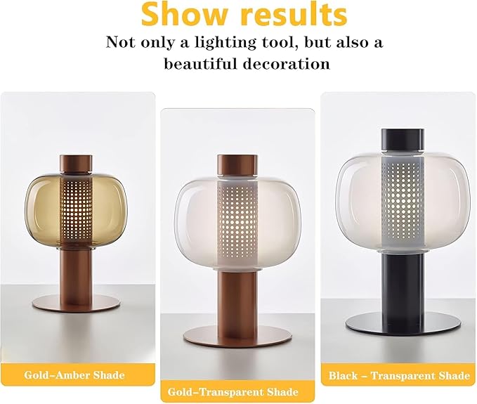 Modern Amber Glass Table Lamp Glass Shade Gold Base Desk Lamp Minimalist Design Living Room Bedroom Office Coffee Shop Dimmable LED Light Decor Ambient Lighting