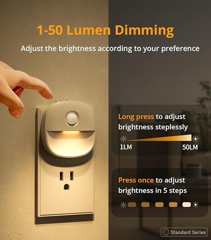 Lyridz Plug in Night Light with Motion Sensor and Dusk to Dawn Sensor, Dimmable Warm Nightlight with 1-50lm Adjustable Brightness Indoor for Bedroom, Bathroom, Stairs, Hallway, 4 Pack