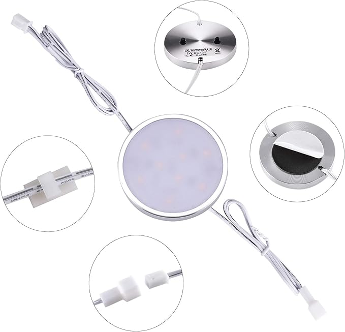 LED Under Cabinet Lighting Kit,6 Pack Linkable Puck Lights with Touch Dimmer,Wired Plug in Under Counter Lighting for Curio Bar, Kitchen, Cupboard,Bookcase,Closet Furniture (6000K Daywhite)