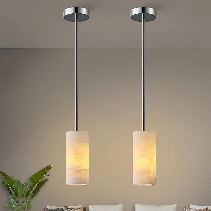Alabaster Pendant Lights Kitchen Island, Nickel Hand Carved Alabaster Cylinder Pendent, Spanish Natural Marble Light Pendant for Bedroom Bathroom Dining Room Living Room- 2 PC