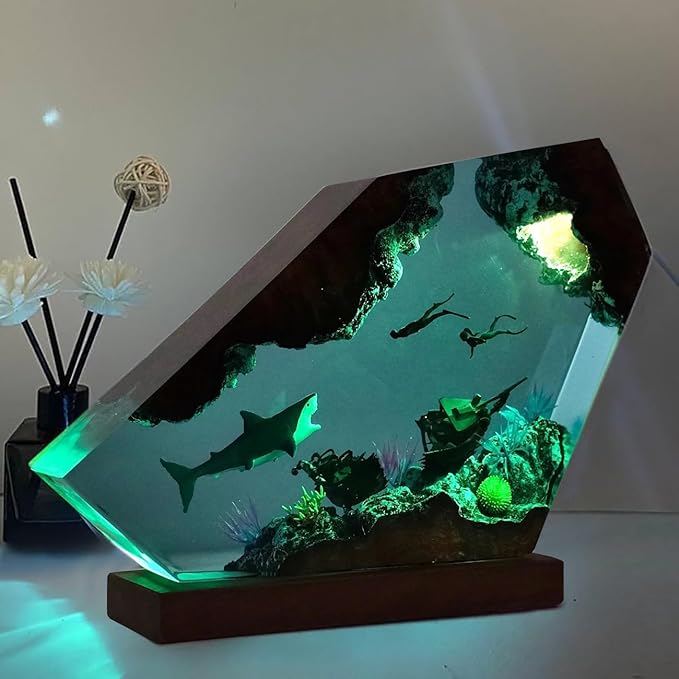 Shark Ocean Resin Lamp, Handmade Resin Night Light for Home Office Decor, Multi-Color LED Light with USB Port, Shark Gifts for Women & Men, Birthday Holiday Marine Biology Gifts for Kids (10"x6")