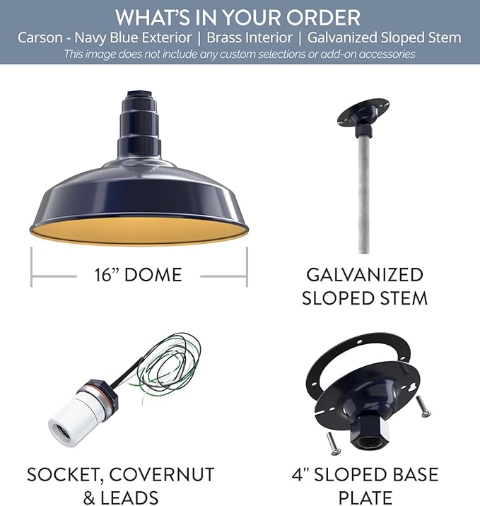 Steel Lighting Co. Carson Barn Light | Ceiling Mounted Pendant | 16 inch Dome | 12" Sloped Stem | Industrial Style Steel Light Made in America | Navy Blue Exterior/Brass Interior