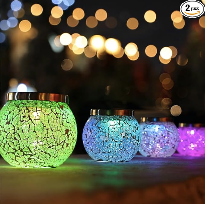 Cooo 2 Pack Heavy Solar Mosaic Crackle Glass Lights with Dual Solar Panels, Color-Changing RGB Lantern, Exclusive Dazzling Glass, Waterproof Outdoor Table Lamps Garden Lamp Christmas Decorations