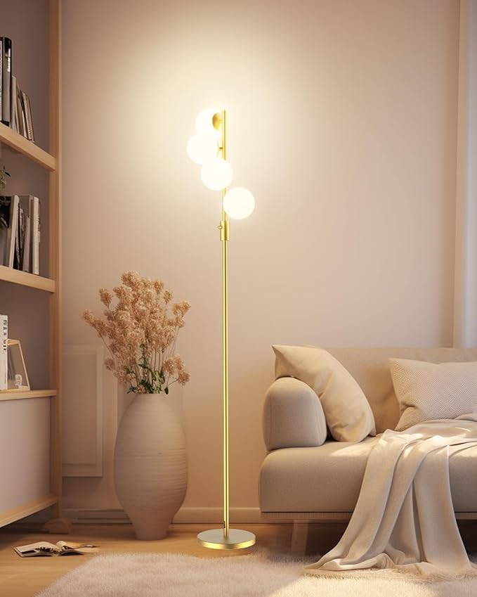 Lightdot 64IN Dimmable (Brightness Adjustable) Globe Floor Lamp, Modern Gold Standing Lamps with 4PCS 3000K G9 Bulbs Soft Warm White Eye Care, Mid Century Floor Lamp for Living Room Bedroom