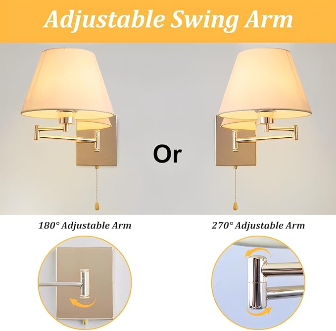 Swing Arm Wall Lamp Indoor Wall Sconce Lighting with White Fabric Shade Reading Wall Light Fixture with On/Off Switch for Living Room Doorway Study Room Bedroom Bedside
