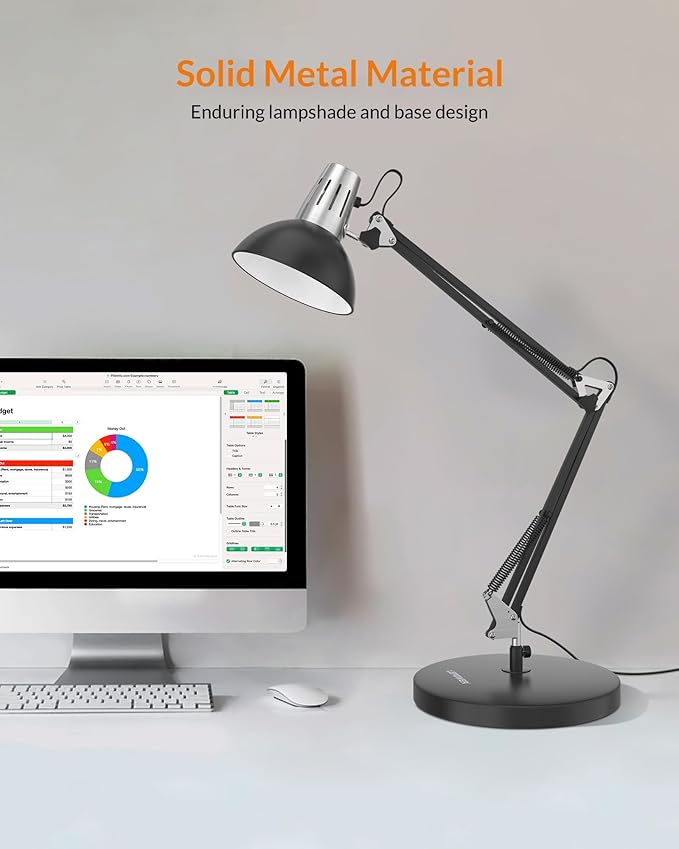 LEPOWER Metal Desk Lamp, Adjustable Goose Neck Architect Table Lamp with On/Off Switch, Swing Arm Desk Lamp with Clamp, Eye-Caring Reading Lamp for Bedroom, Study Room &Office (Black)