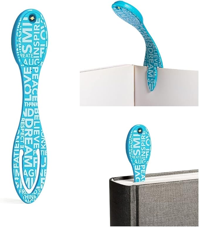 Gifts for Readers & Writers Bookmark Reading Light Blue Words 2in1 Clip On Bookmark Mini Book Light for Reading Night in Bed, Battery Operated Travel LED Book Lights, Flexible 8 Lumen Lights for Books