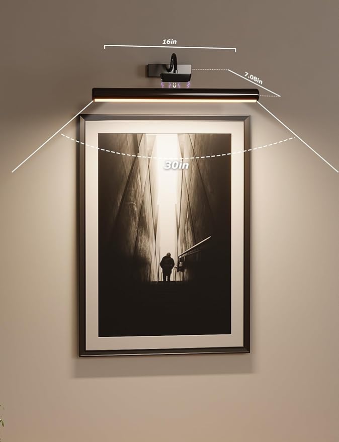 16in Wireless Picture Light with Remote, Battery Operated Picture Lights for Wall 5000mAh, 3 Color Modes and Dimmable LED Art Lighting with Timer for Painting, Frame, Gallery, Bedroom (Black-1Pack)