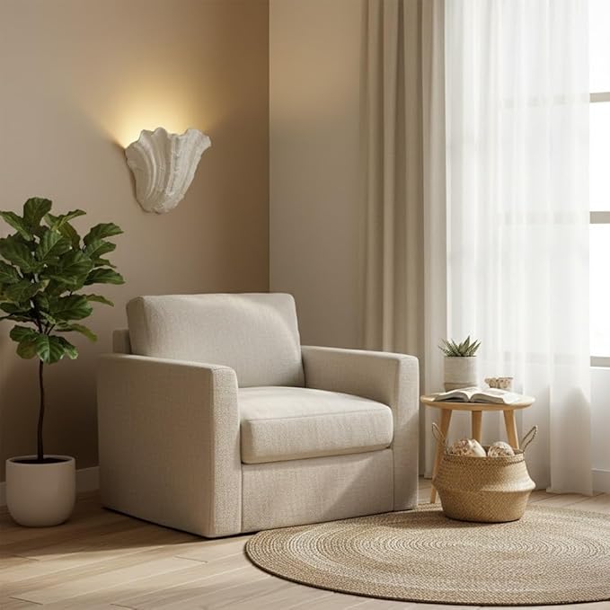 Modern Nordic Shell Wall Sconce, White Plaster LED Uplight (3000K Warm), Unique Seashell Design, Indirect Ambient Lighting for Bedroom, Living Room, Dining Room, Hallway Decor.(19cm/7.48")