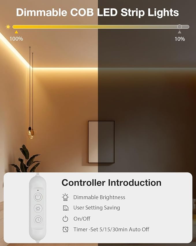 Aclorol 16.4FT Waterproof COB LED Strip 5V USB Dimmable LED Flexible Tape Light with Timer Warm White 3000K for TV Backlights Bedroom Living Room Ambiance Cupboard Pergola Lighting Decor 10mm Width