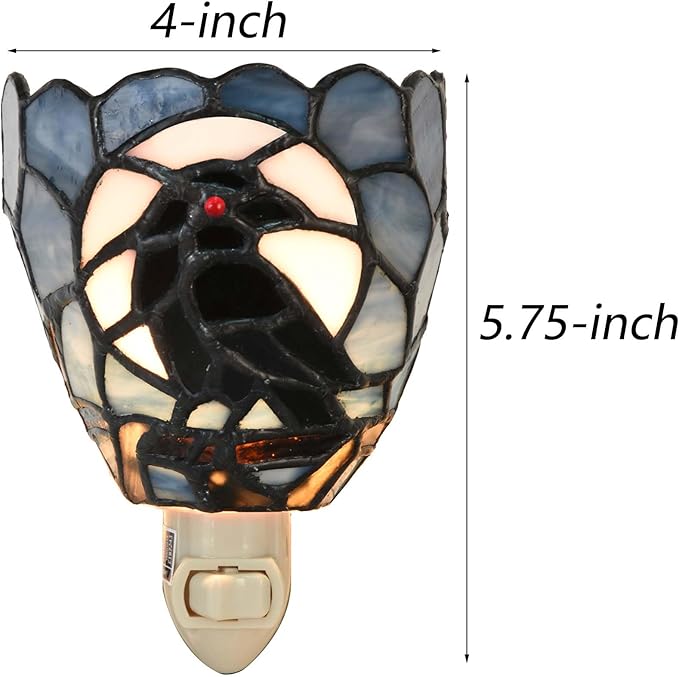 Bieye L12022 Tiffany Style Stained Glass Raven Plug-in Night Light Gothic Crow and Full Moon Design Bedside Wall Lamp